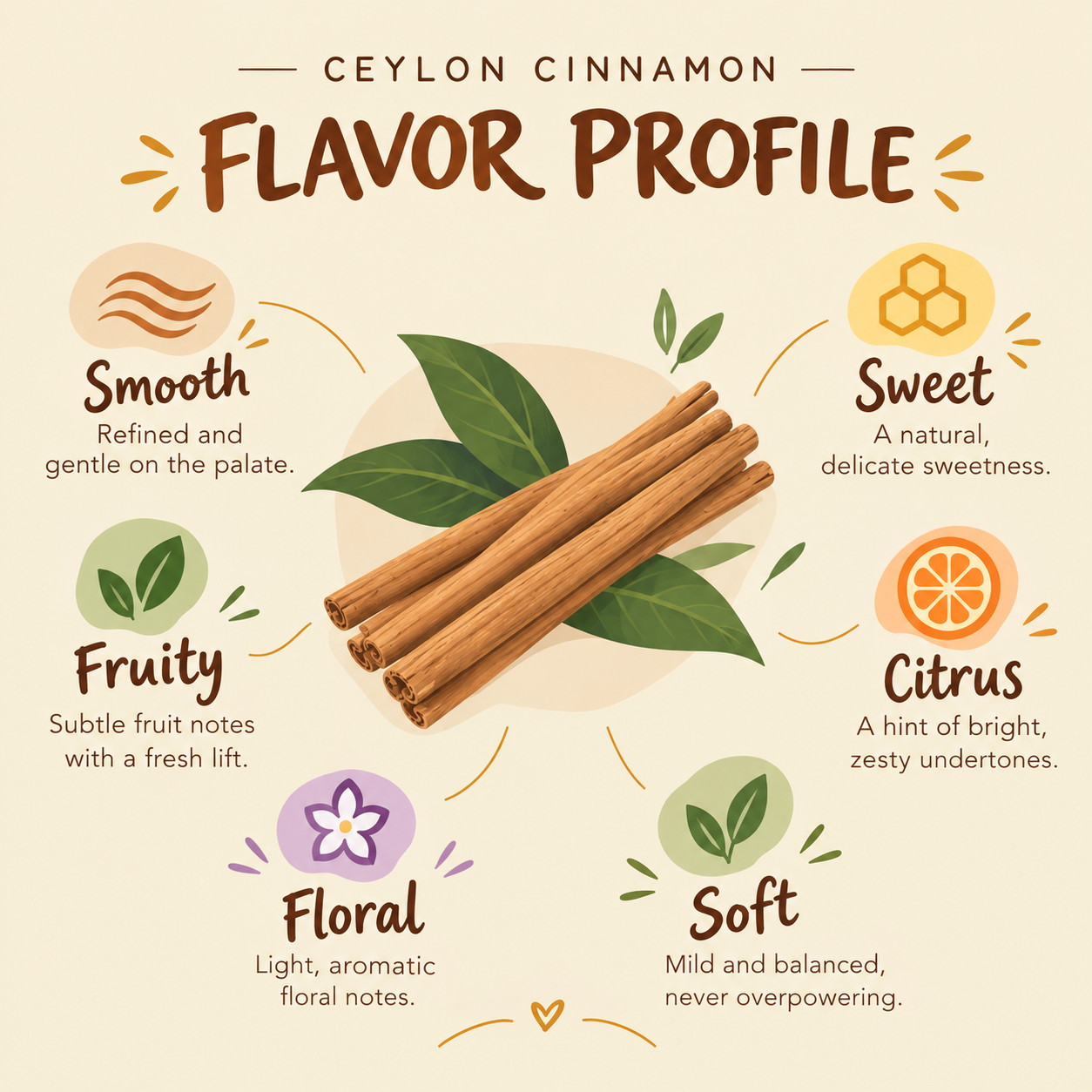 Graphic illustrating the sweet, floral, and citrus flavor notes of Ceylon cinnamon
